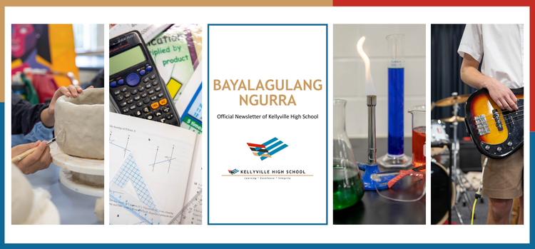 Collage of images. Student working on pottery. Caluculator and maths books. Science beakers and bunsen burner. Student playing bass guitar.